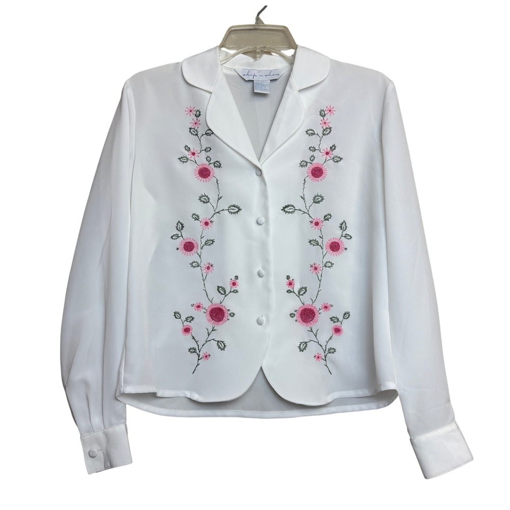 90s Coquette Blouse Womens 6 White Pink Floral Embroidered Button Up Long Sleeve